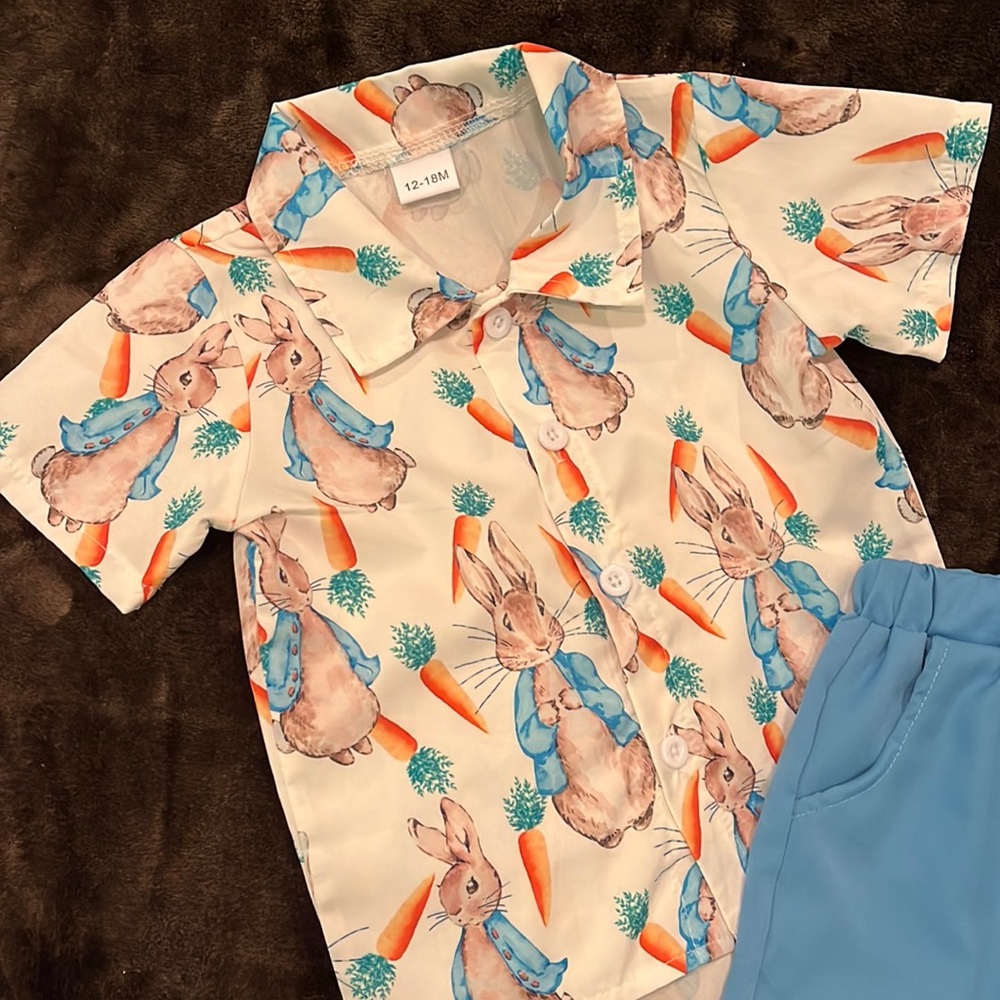 12-18 month Easter/Spring short sleeve button down with blue shorts